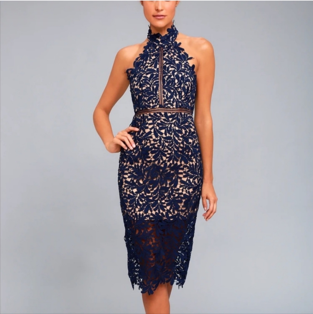 Lulus Divine Destiny Navy Blue Lace Midi Dress. Medium